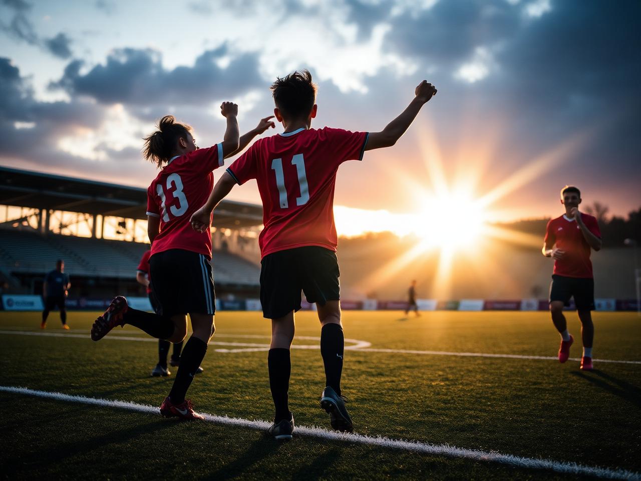 Youth soccer players celebrating a goal at golden hour